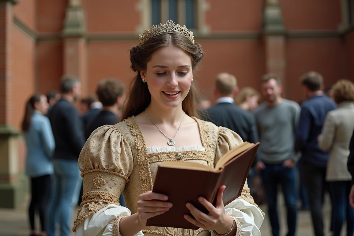 Jeune femme en costume Tudor lisant devant Hampton Court