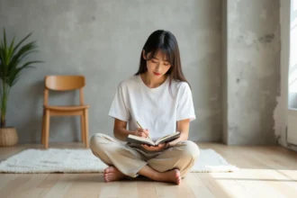 Jeune femme en journal intime dans un salon lumineux