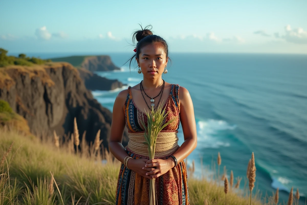 Jeune femme kanak avec bouquet de patchili sur la falaise