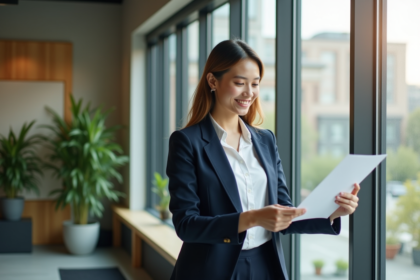 Jeune femme professionnelle en bureau moderne avec documents