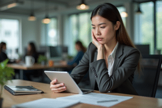 Jeune femme en bureau lisant son CV sur tablette