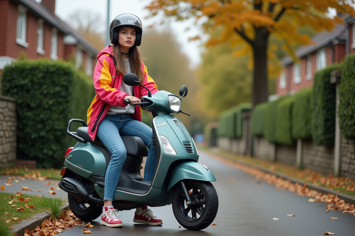 Jeune femme avec casque et scooter dans quartier