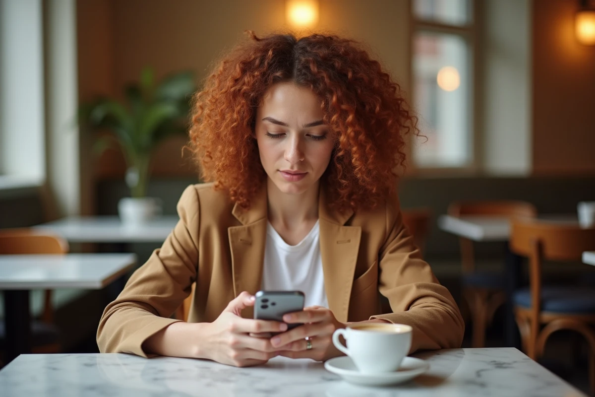 Jeune femme cherchant une alternative à Wikio sur son smartphone dans un café