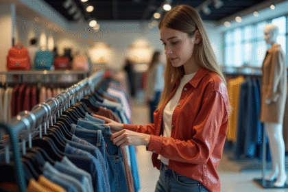 Jeune femme regardant des vêtements tendance en magasin