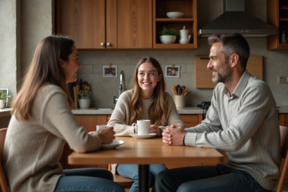 Jeune fille en jeans et pull avec ses parents dans la cuisine chaleureuse