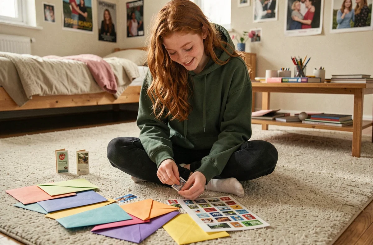 Jeune fille décollant un timbre postal entourée d'enveloppes colorées sur le sol de sa chambre