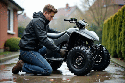 Jeune homme lavant un quad 50cc en extérieur