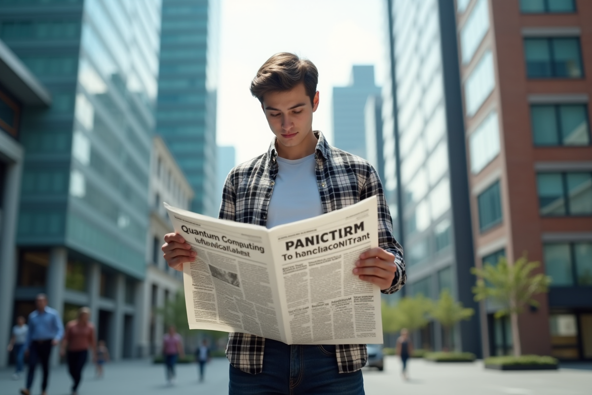 Jeune homme lisant un journal sur la bourse et la technologie