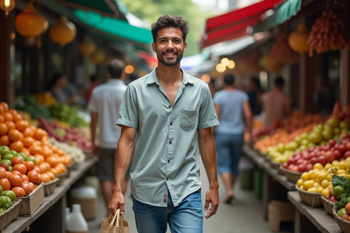Jeune homme dans un marché coloré en Asie du Sud-Est