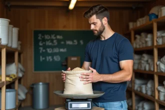 Jeune homme pèsant un sac de grain dans un garage organisé