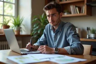 Jeune homme en casual business révise un plan de remboursement de prêt