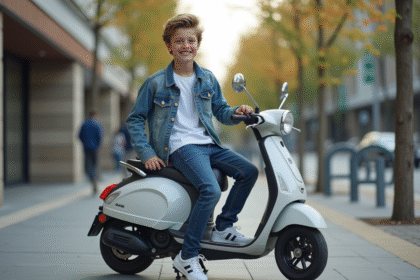 Jeune garçon souriant sur scooter en ville