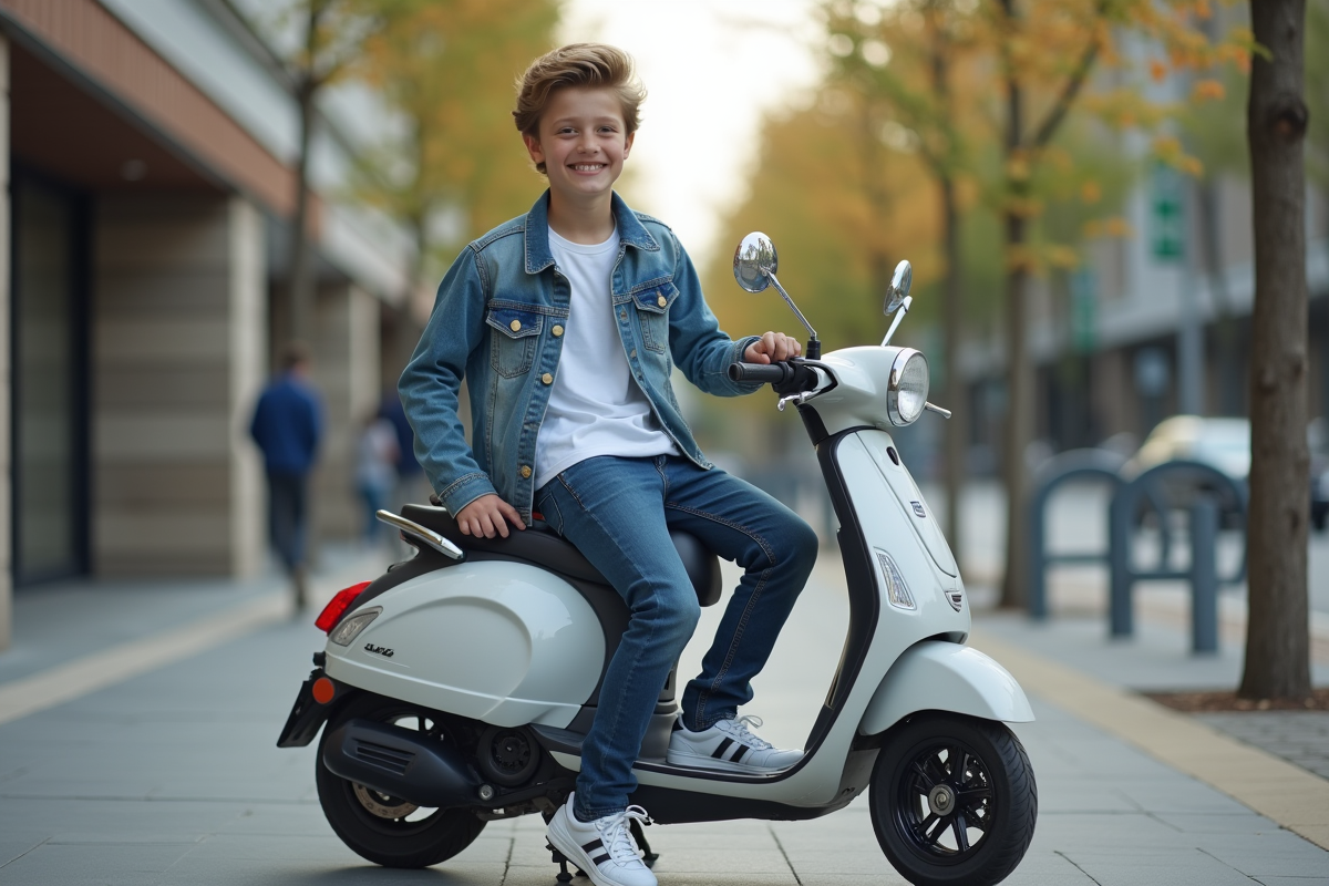 Jeune garçon souriant sur scooter en ville