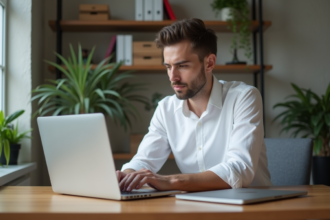 Jeune homme professionnel travaillant sur un ordinateur portable dans un bureau moderne