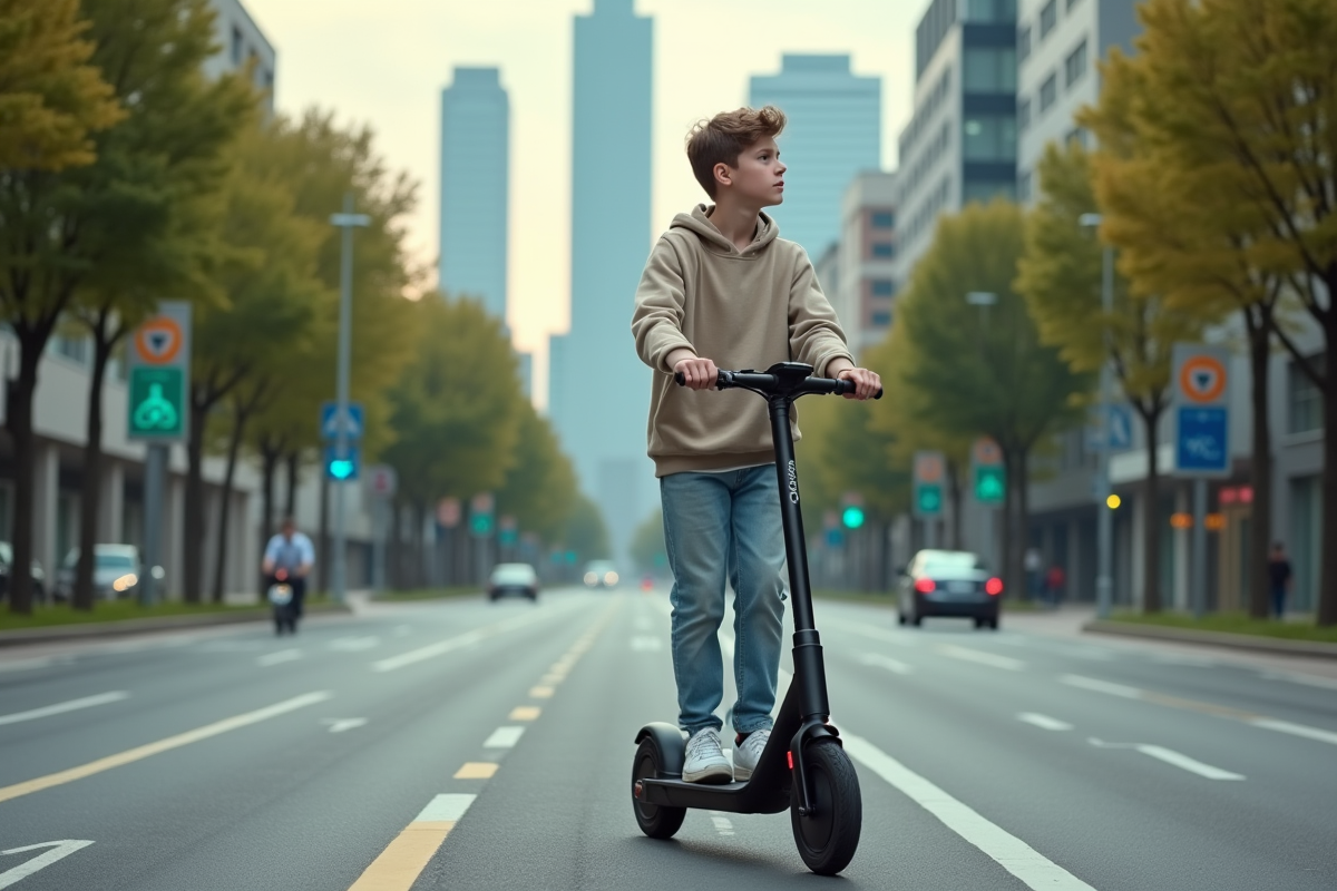 Adolescent en trottinette électrique sur une avenue urbaine verte