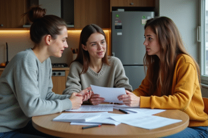 Jeunes adultes discutant de factures dans un appartement moderne