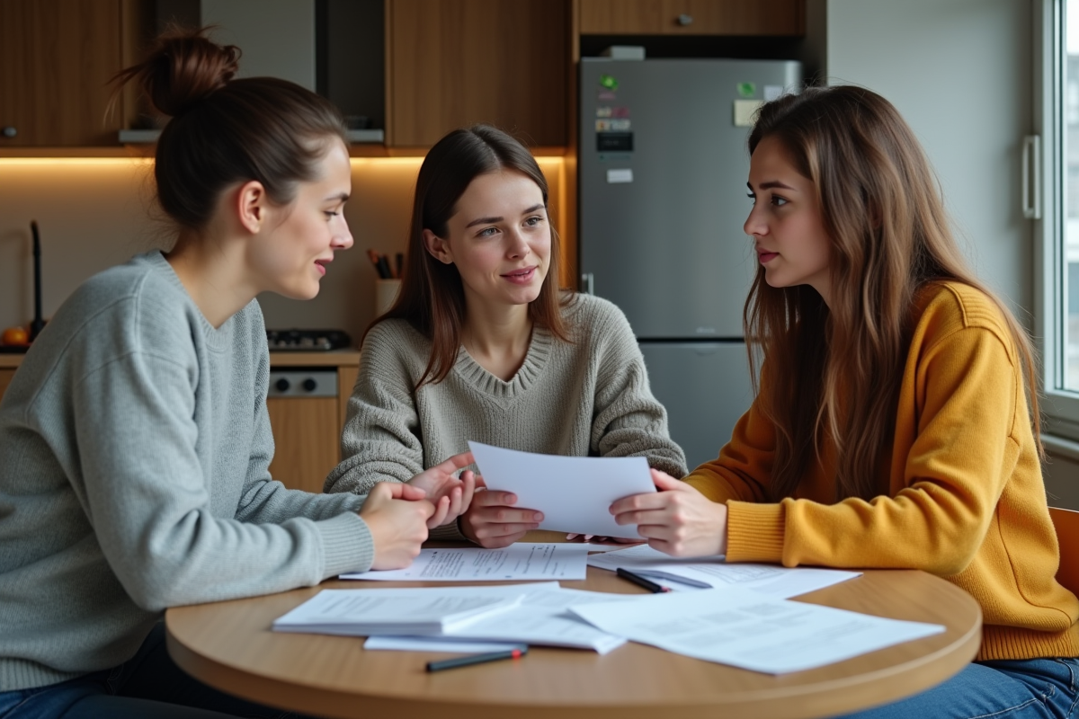 Jeunes adultes discutant de factures dans un appartement moderne