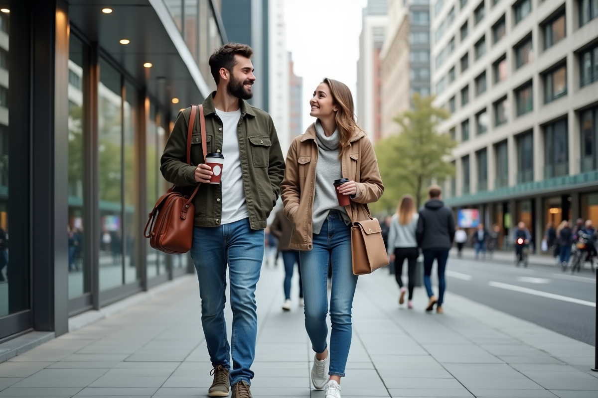 Jeunes collègues rient en marchant en ville