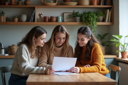 Trois jeunes adultes discutent d'un contrat de location dans un appartement moderne