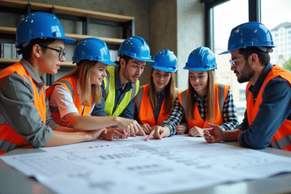 Groupe de jeunes adultes en chantier avec plans architecturaux