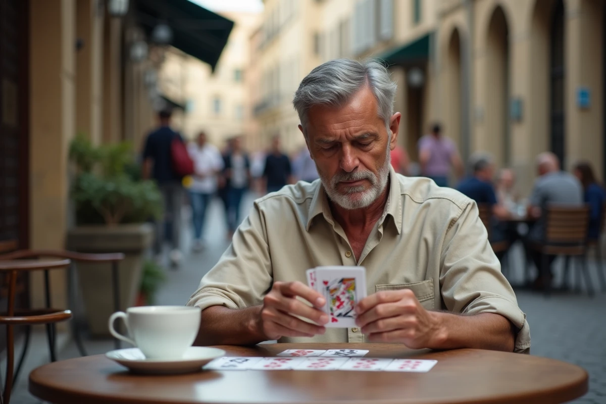 Homme d'âge mûr étudiant ses cartes de belote avec une fiche de règles dans un café en terrasse en France