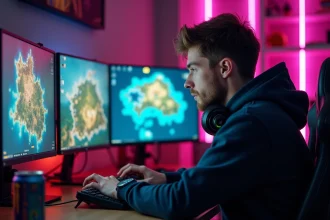Joueur adulte concentré devant ses écrans affichant une carte de portails dans un jeu de rôle fantastique comme Dofus, à son bureau gaming