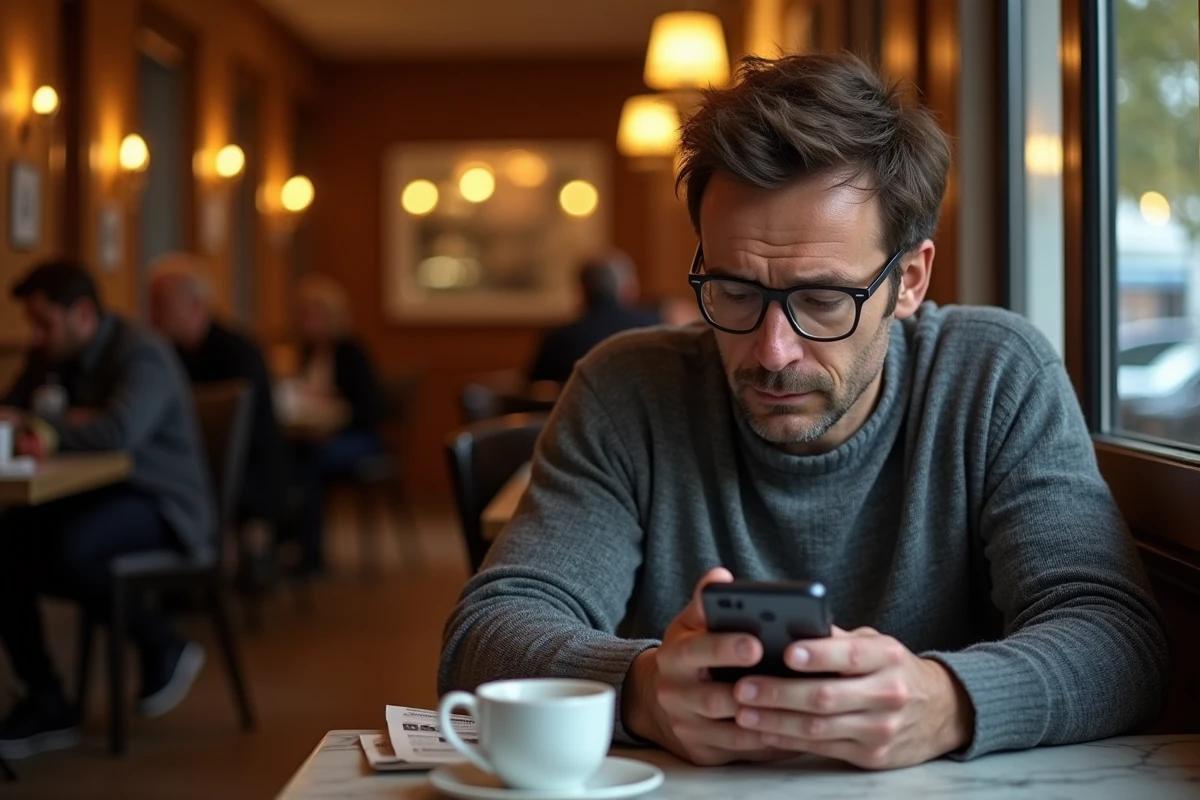 Journaliste français pensif consultant son smartphone dans un café parisien, face aux défis des fake news sur les réseaux sociaux