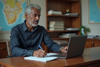 Journaliste comorien homme au bureau avec cartes et journaux