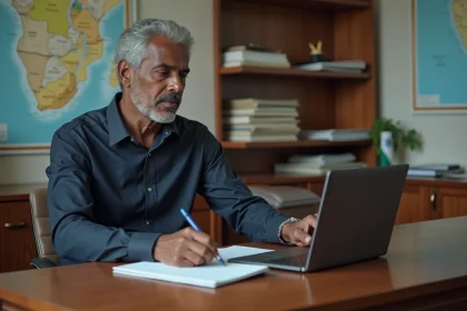 Journaliste comorien homme au bureau avec cartes et journaux