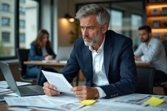 Journaliste français expérimenté examinant des documents dans une salle de rédaction parisienne, illustrant la vérification des fake news