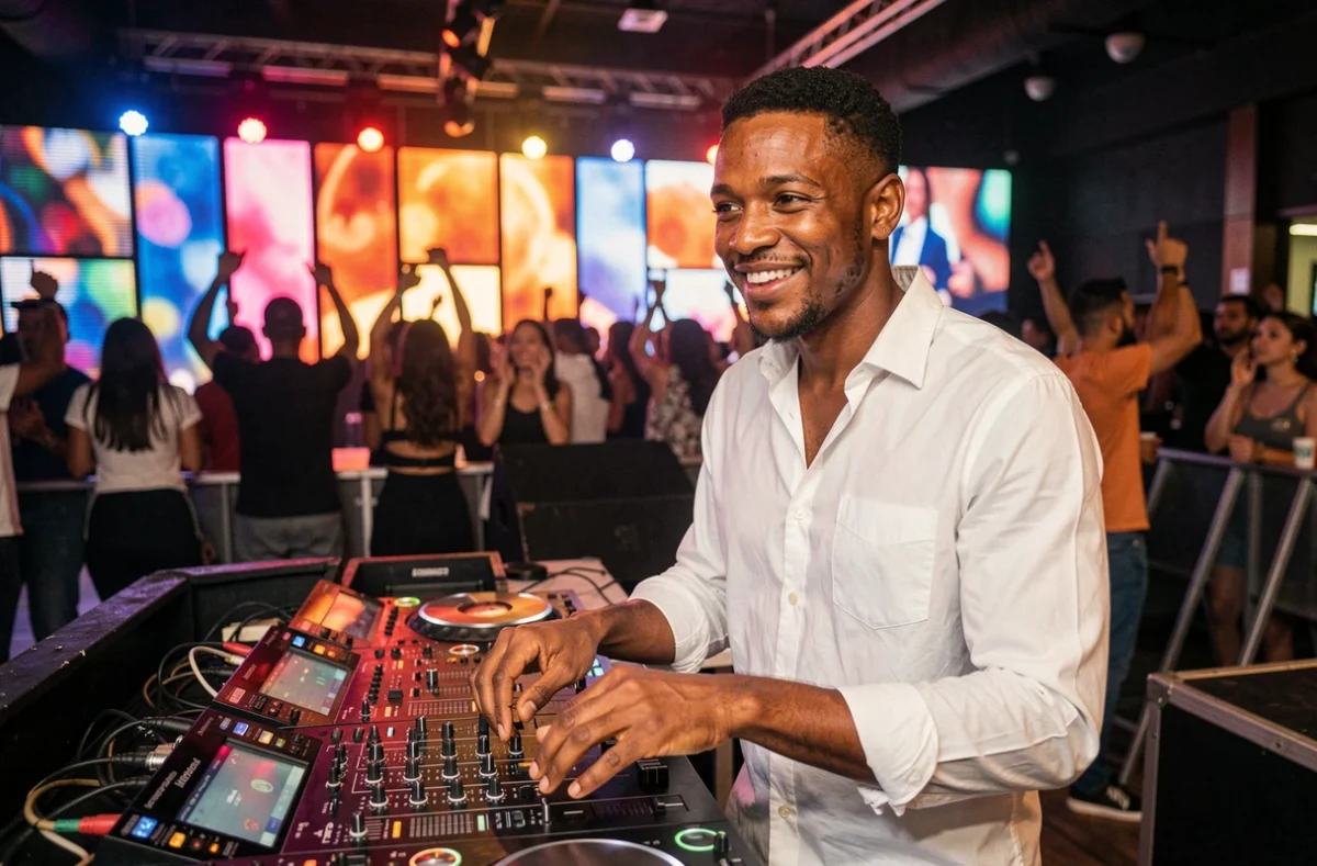 Kassou, DJ souriant en chemise blanche, derrière ses platines lors d'un événement festif en Bourgogne-Franche-Comté