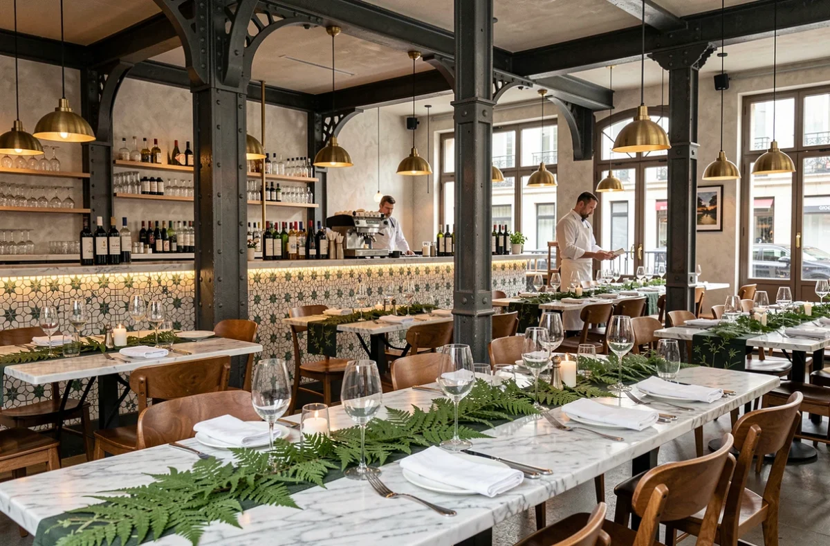 Salle de La Cantine d'Horace à Toulouse avec piliers industriels, comptoir en zellige et tables en marbre dressées pour un événement privé