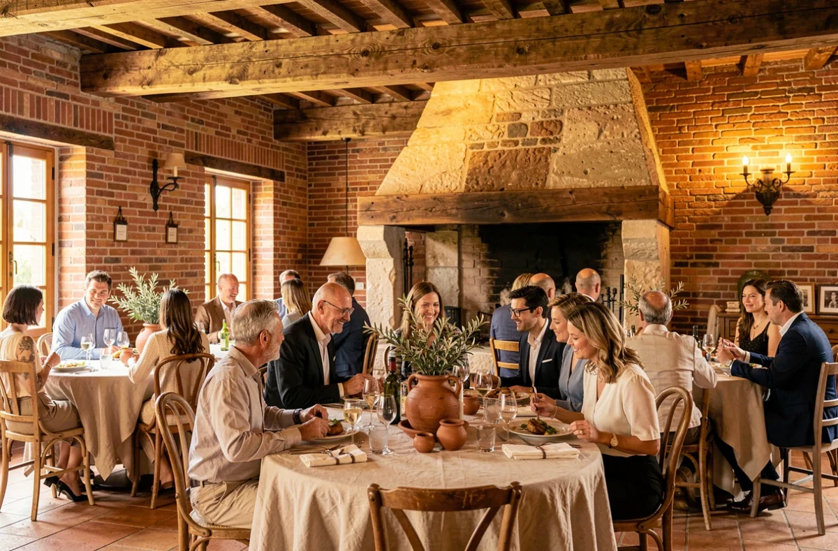 Salle de réception rustique du Bon Vivre avec murs en briques apparentes, poutres en chêne et tables en lin dressées