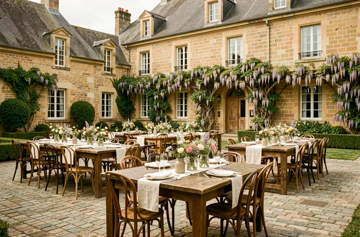 Cour intérieure du Clos de Montgay avec tables en bois rustiques et façade en pierre de taille sous la glycine