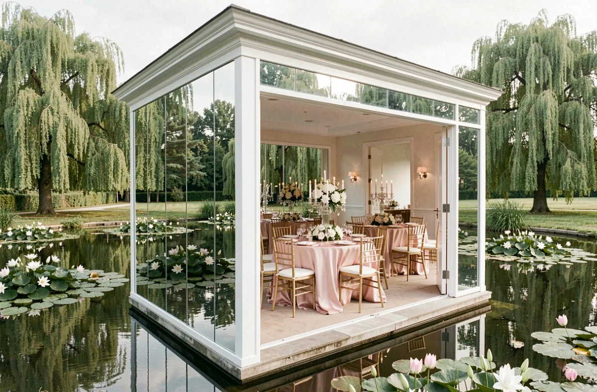 Pavillon miroir du Miroir des Lys entouré d'étangs de nénuphars avec tables en satin rose et chandeliers en cristal