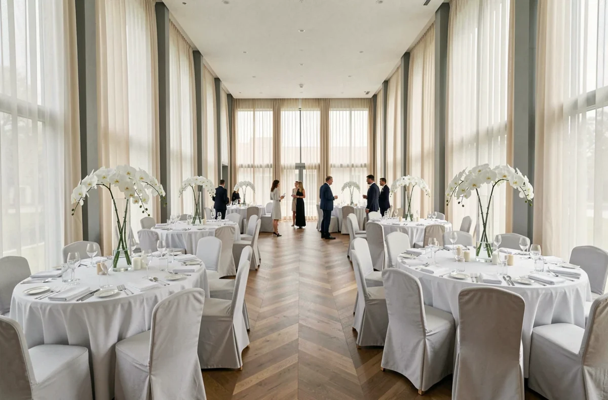 Grande salle de banquet moderne du Palladia à Toulouse avec tables rondes dressées et drapés en chiffon ivoire
