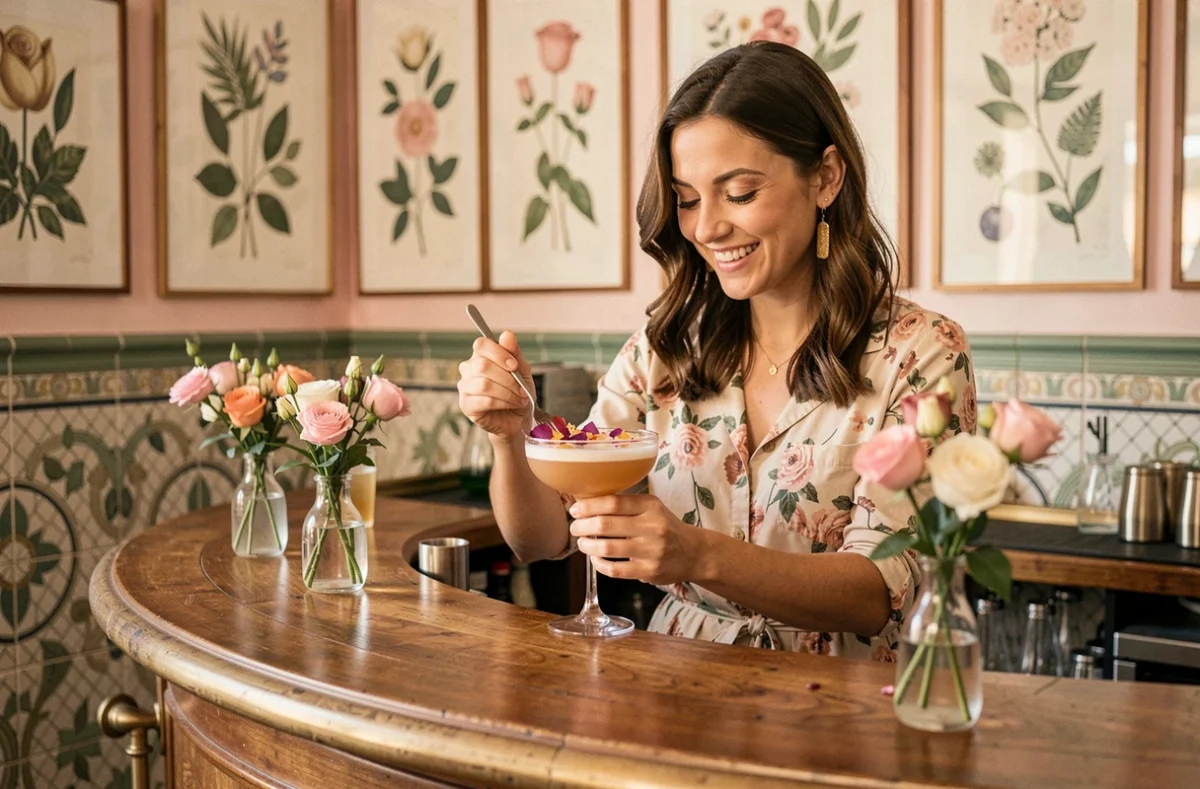 Bartendeuse préparant un cocktail floral au bar Le Parfum dans le quartier des Beaux-Arts à Montpellier