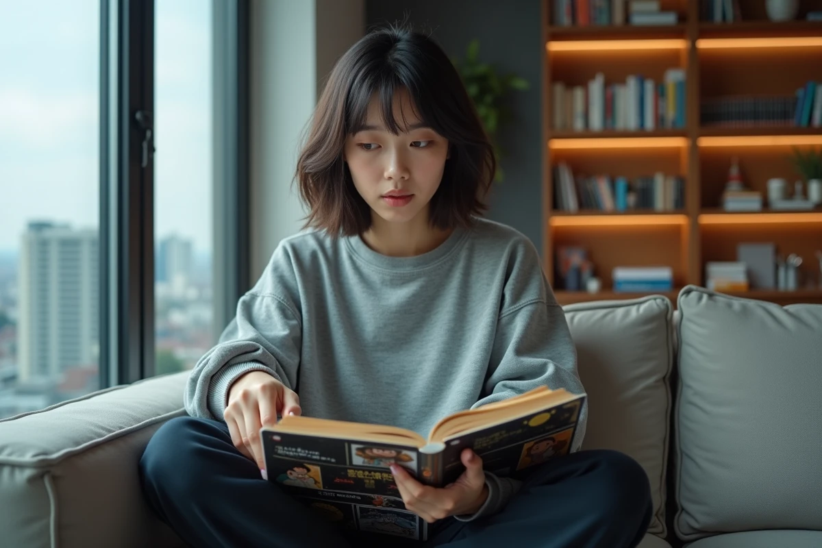 Jeune femme lisant un manga en version française et réagissant avec surprise à une scène de mort d'un personnage comme Akaza