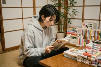 Jeune femme lisant un manga dans un appartement de style japonais entouré de volumes empilés