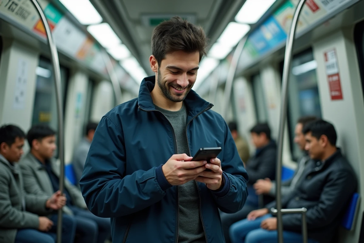 Homme lisant des mangas sur mobile dans le métro en déplacement urbain avec Epsilon Manga