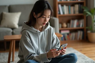Jeune femme lisant un manga sur smartphone avec l'application Epsilon Manga dans un salon confortable