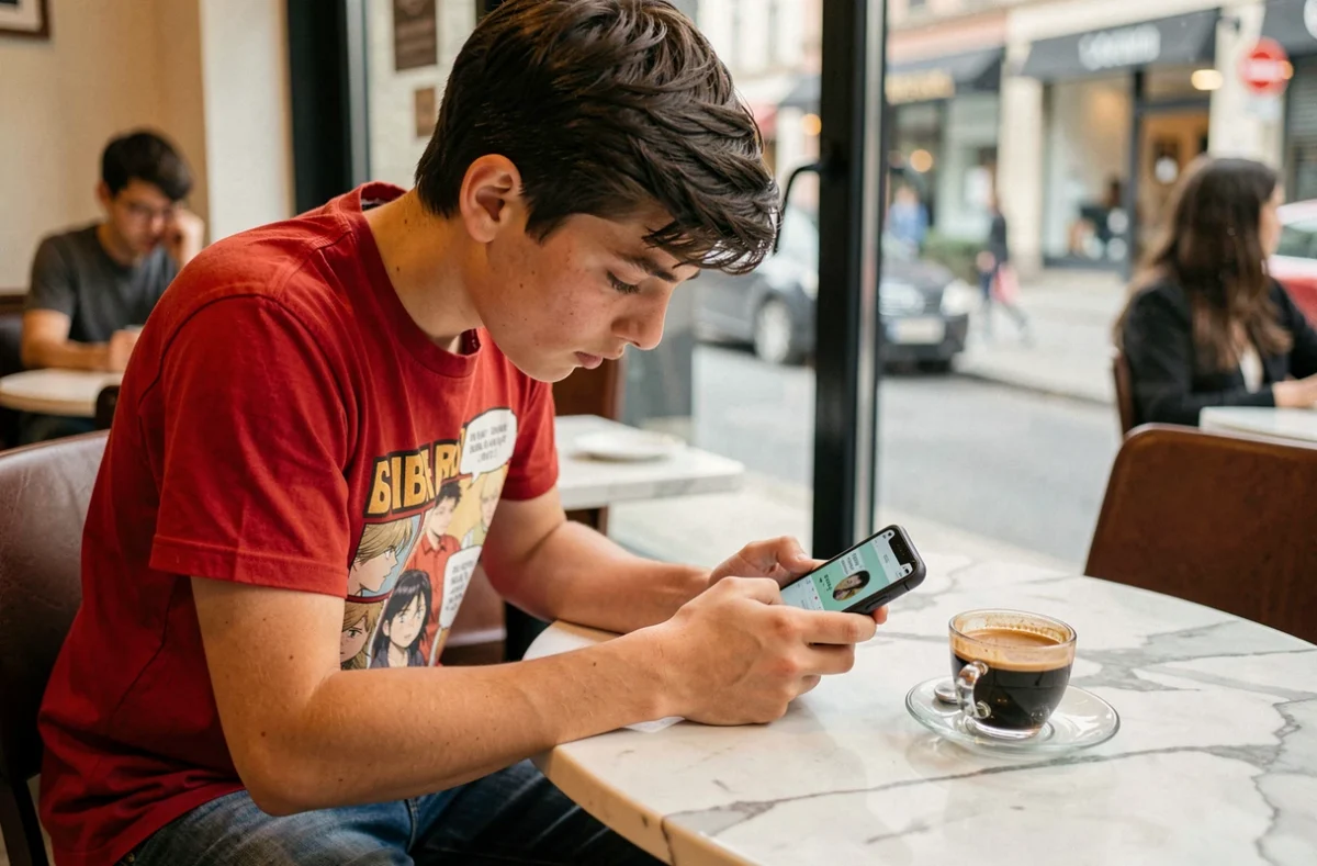 Adolescent lisant un manga légal sur smartphone dans un café parisien