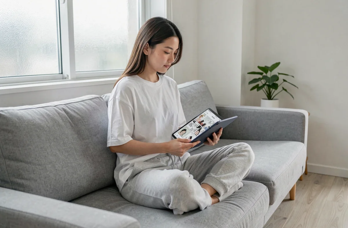 Jeune femme lisant un scan manga sur tablette dans un salon moderne et minimaliste