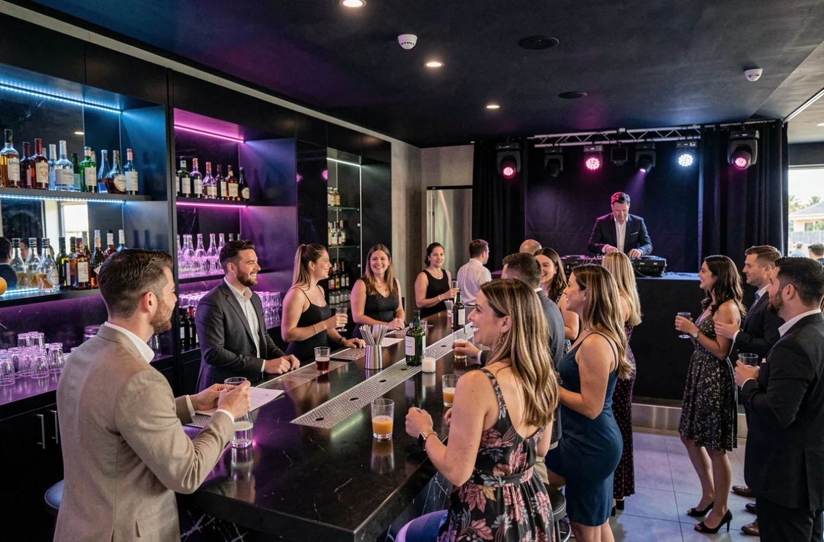 Ambiance festive et lounge du bar L'Eros au Cap d'Agde avec DJ et clientèle en soirée