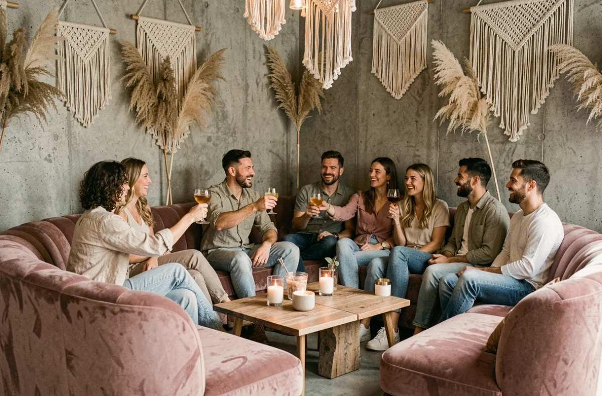 Groupe d'amis dans le bar lounge Les Momes à Montpellier avec canapés velours et décor contemporain
