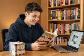 Jeune homme lisant un manga légalement sur tablette et en version papier dans son bureau cosy