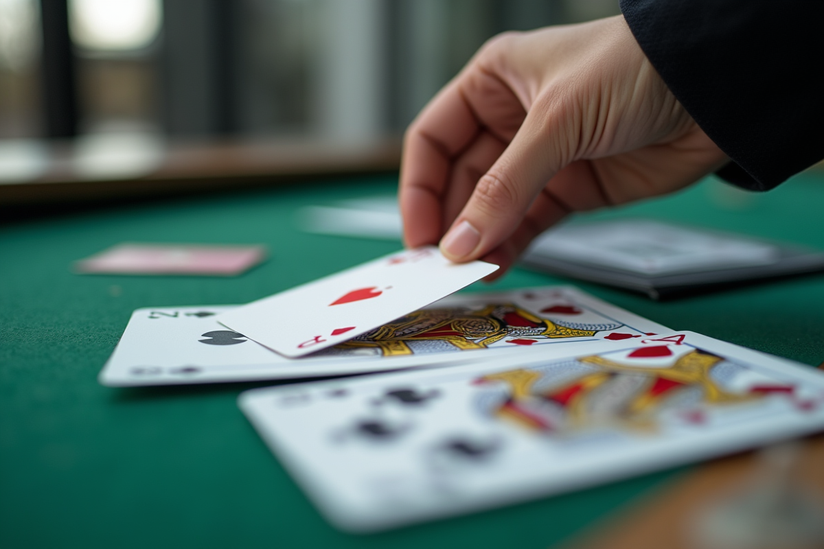 Main tenant une carte de belote au-dessus des cartes sur la table
