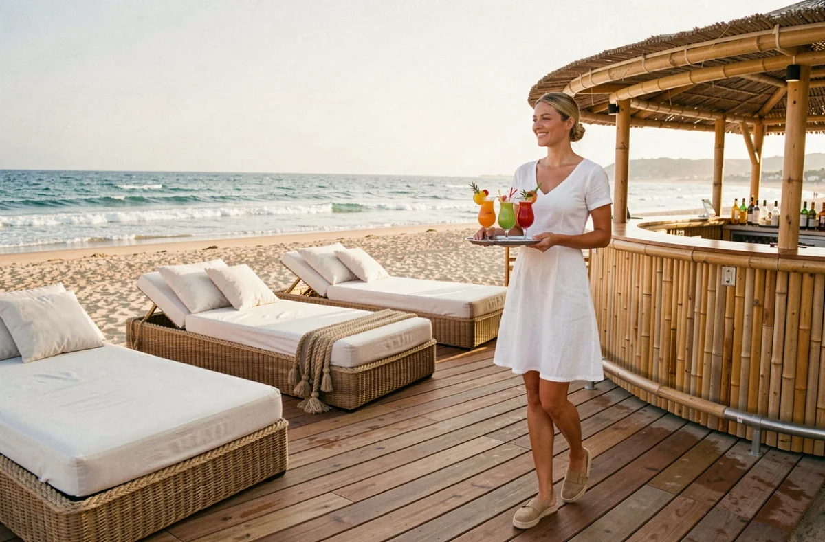 Serveuse portant des cocktails tropicaux au bar lounge Manovi Plage au Cap d'Agde avec vue sur la plage