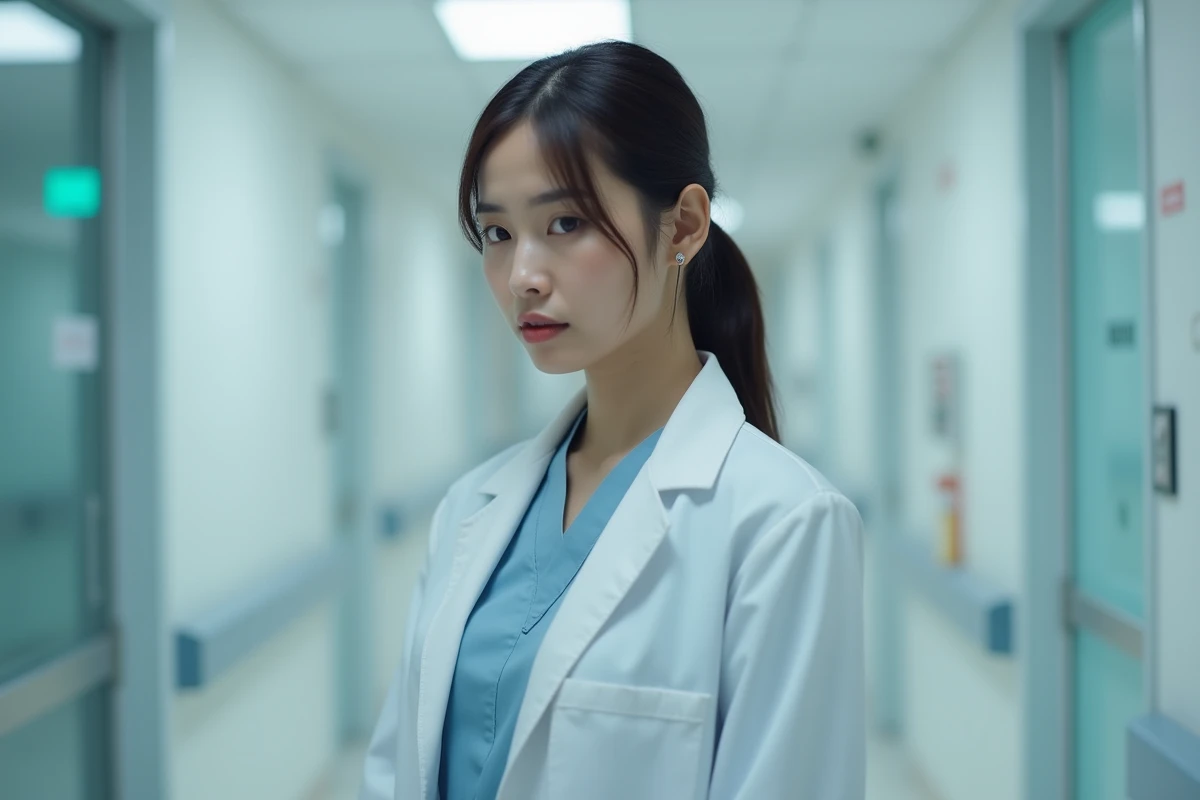 Médecin femme en blouse blanche dans un couloir d'hôpital avec une expression de conflit intérieur illustrant une relation professionnelle complexe