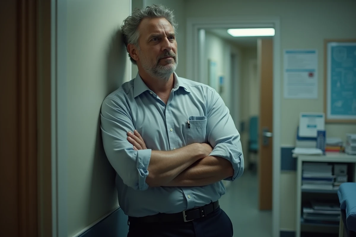 Médecin homme d'âge mûr appuyé contre un cadre de porte de bureau hospitalier avec une posture sardonique et distante illustrant une dynamique relationnelle tendue